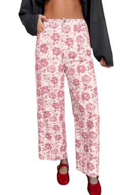 image-Pink Vintage Floral Print Denim Shift Pants
