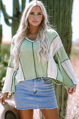 image-Crochet Detail High Low Top - Loose Fit, Vintage Style, Exposed Seam (59 characters)