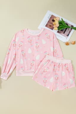 image-Pink Christmas Tree Nutcracker Doll Print Contrast Trim Long Sleeve Top Matching Shorts Set
