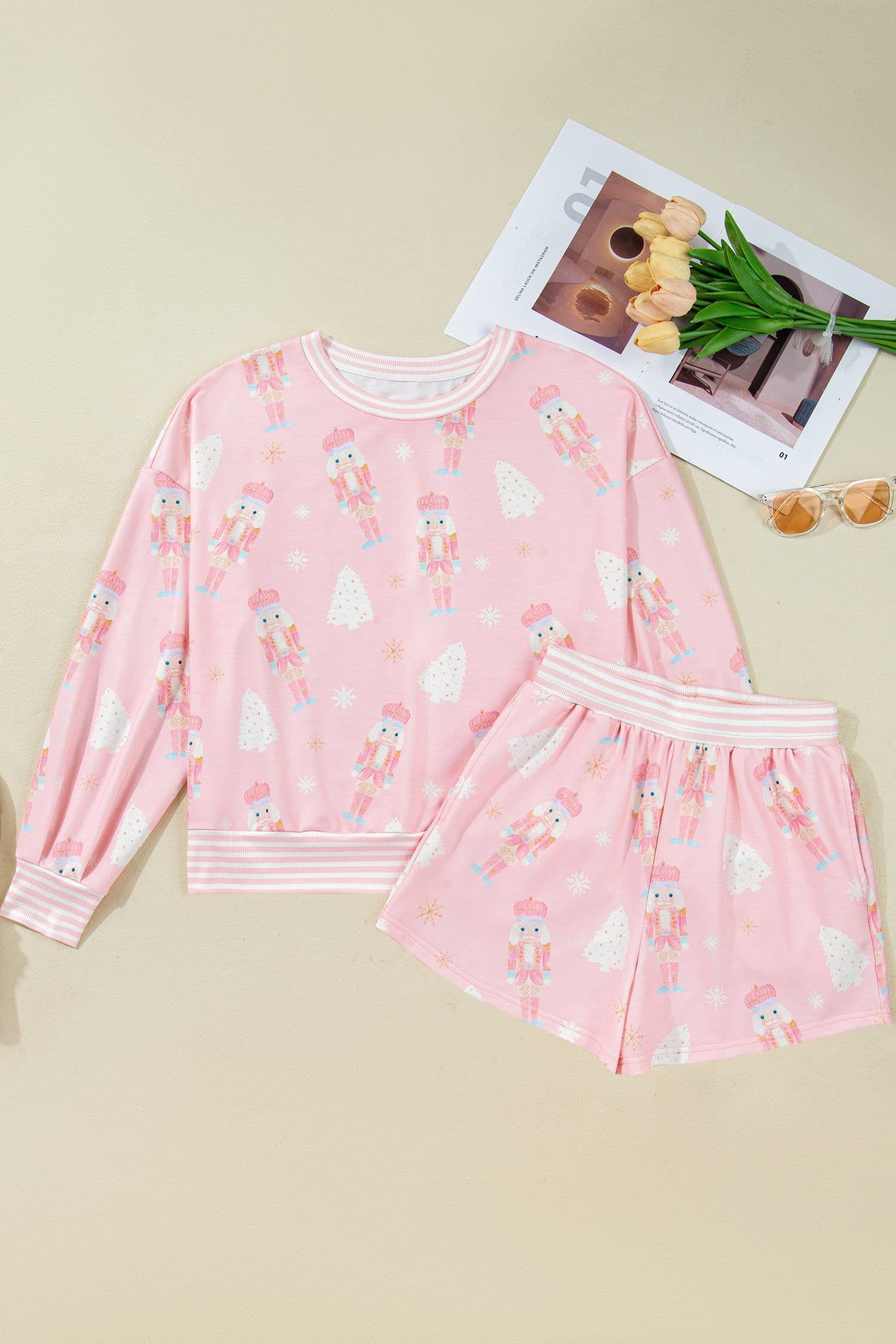 image-Pink Christmas Tree Nutcracker Doll Print Contrast Trim Long Sleeve Top Matching Shorts Set