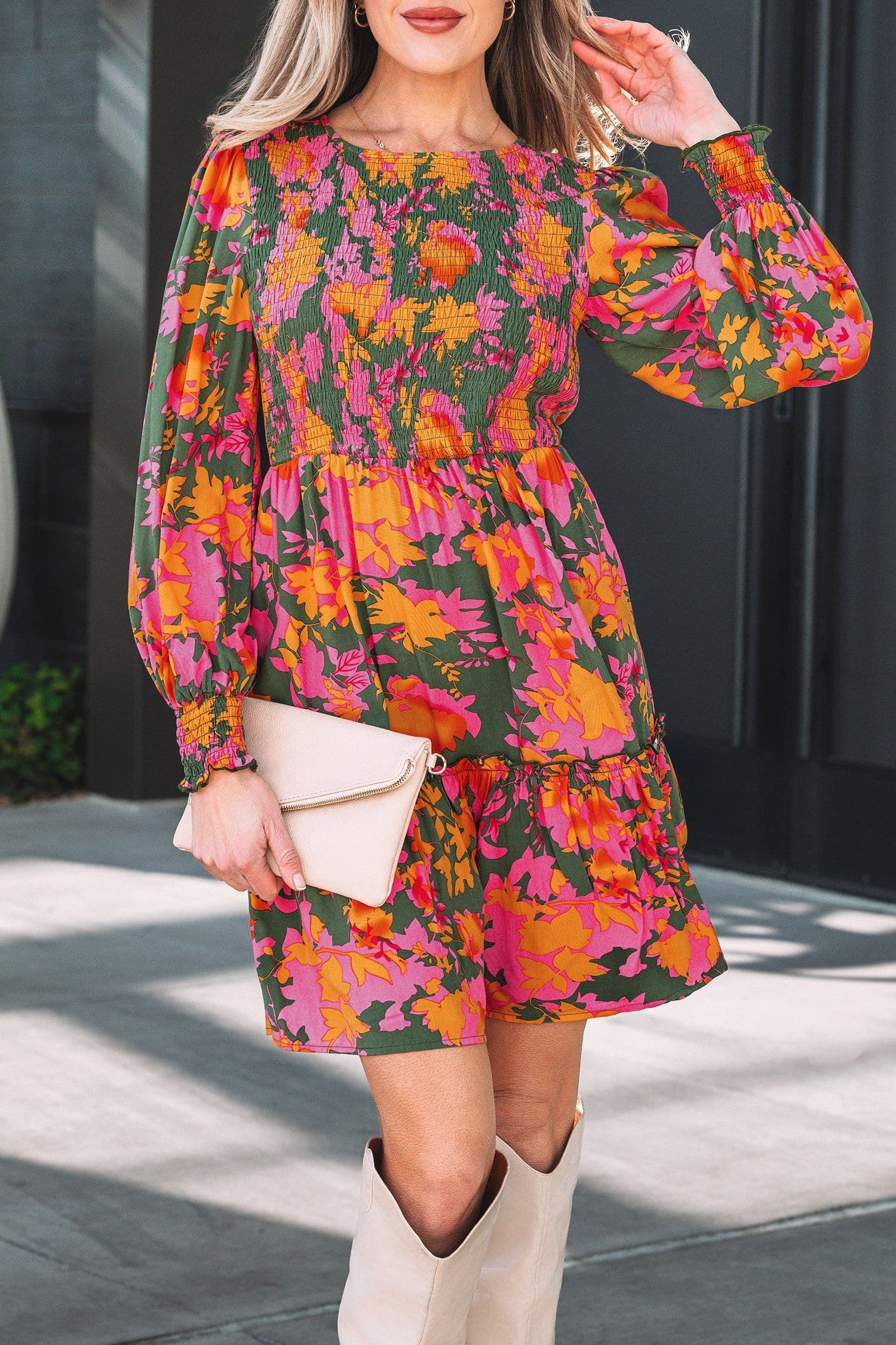 image-Multicolor Floral Long Sleeve Smocked Mini Dress