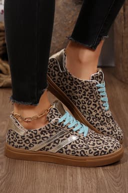 image-Leopard Print Faux Suede Lace Up Sneakers - Coffee Brown