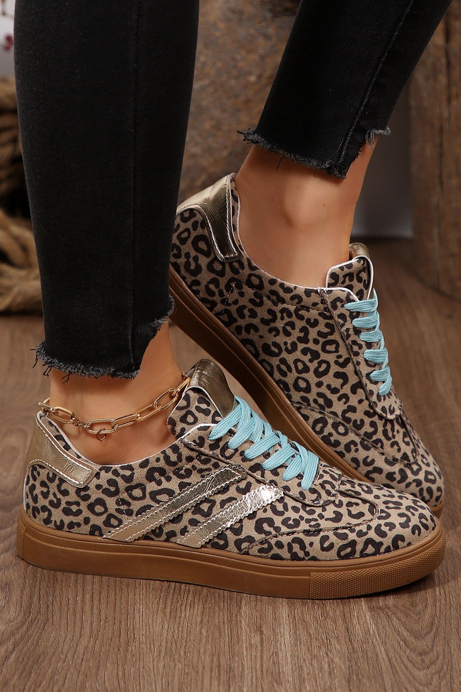 image-Leopard Print Faux Suede Lace Up Sneakers - Coffee Brown
