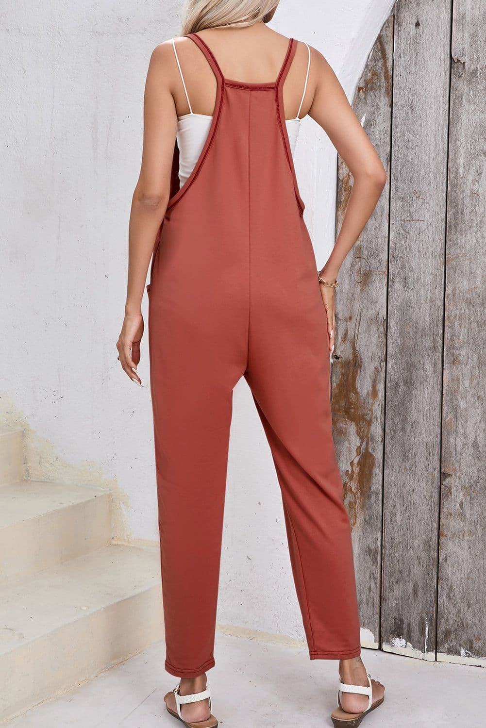 image-Black Harem Pants Jumpsuit V Neck Sleeveless Side Pockets Fashion Jumpsuit