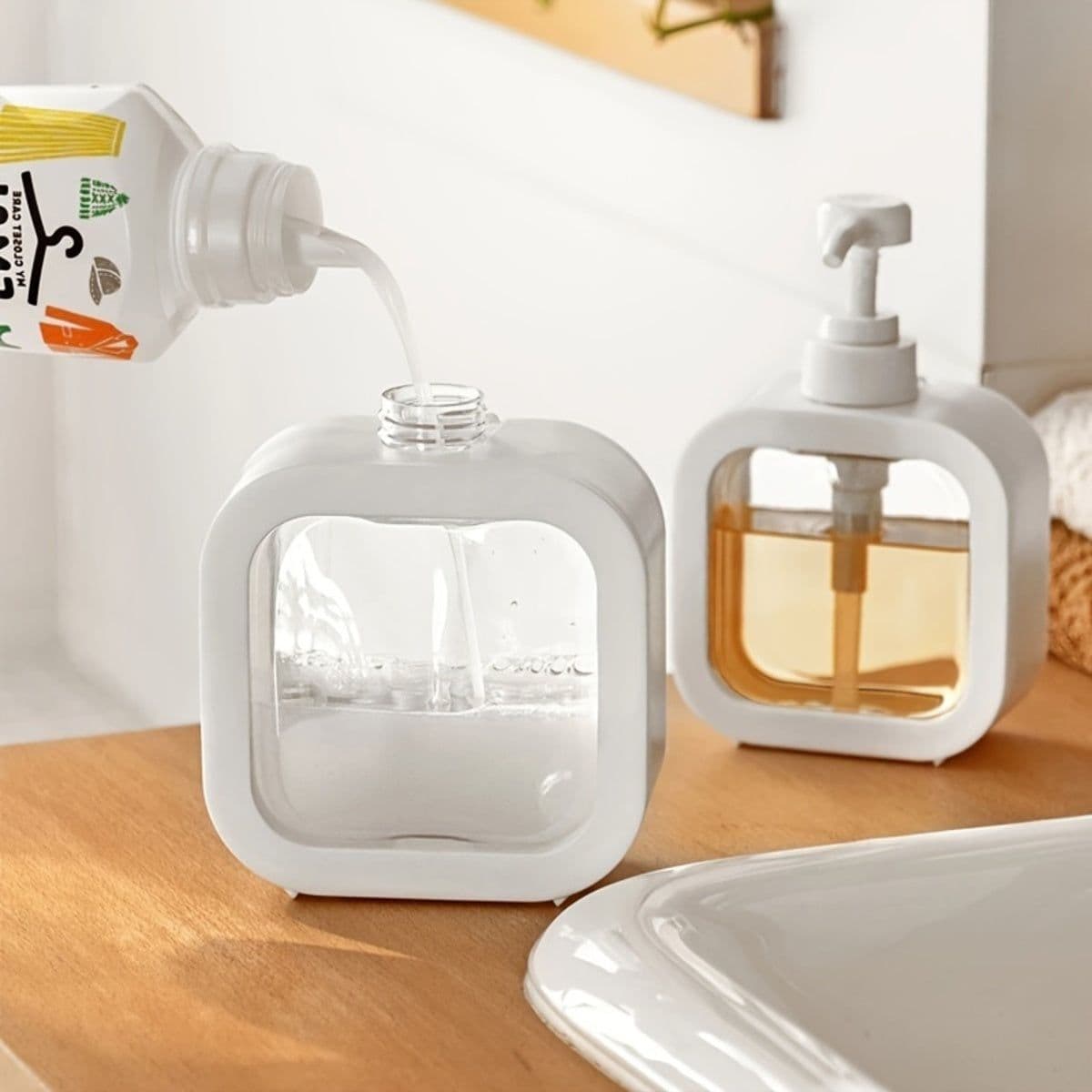 image-Foaming Soap Dispenser, 300ml And 500ml Dish Soap Dispenser, Refillable Modern Square Pump Bottle Lotion Dispenser, Hand Soap Dispenser For Bathroom, Kitchen Portable Empty Bottle, Dish Soap Dispenser