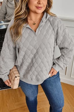 image-Gray Quilted Quarter Zip Plus Size Hoodie