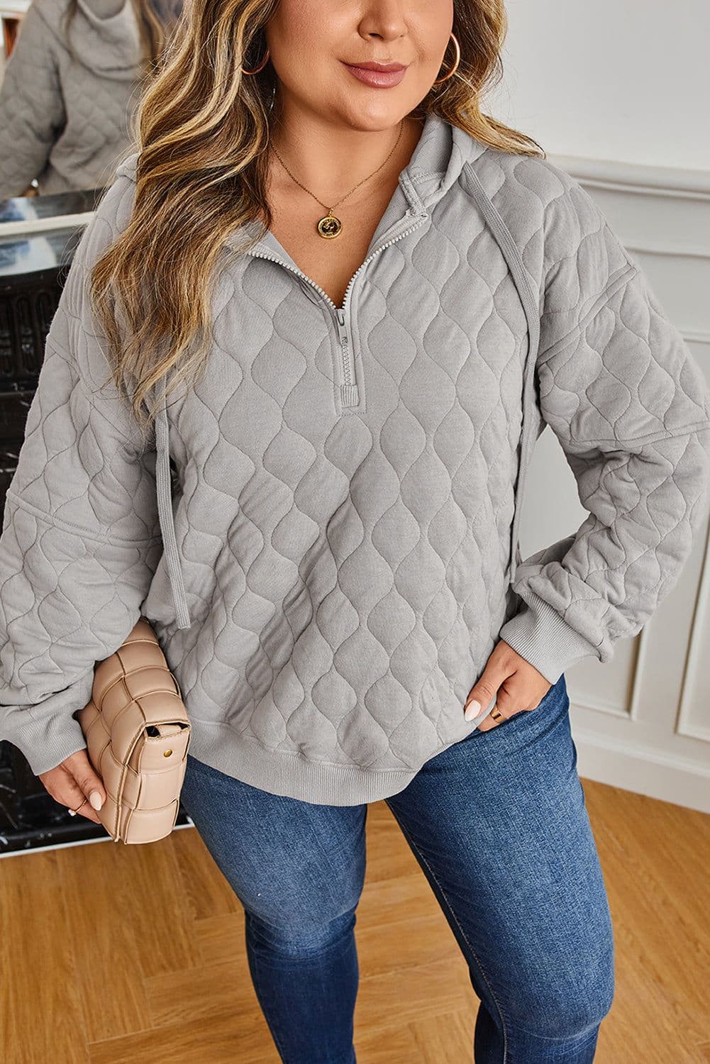 image-Gray Quilted Quarter Zip Plus Size Hoodie