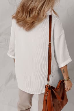 image-White 3/4 Sleeve V-Neck Drop Shoulder Top - Casual Solid Color (61 characters)