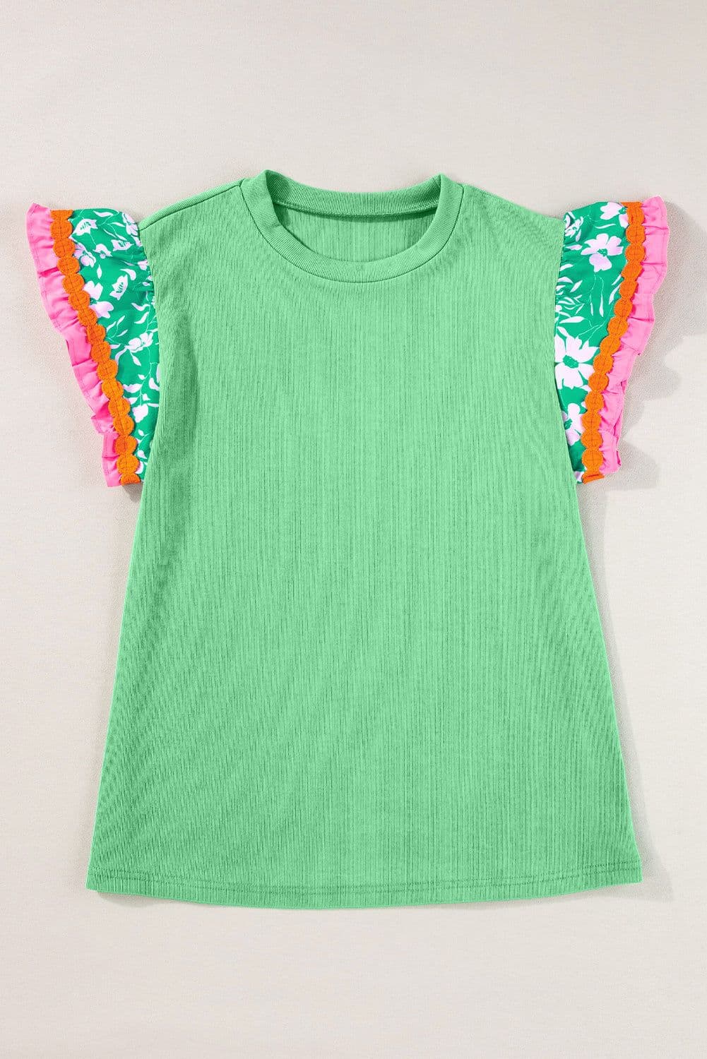 image-Contrast Ricrac Floral Sleeve Top - White (57 characters)