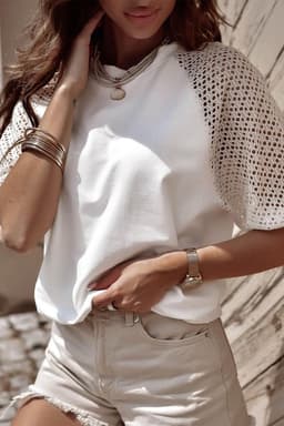 image-White Pointelle Lace Half Sleeve Crew Neck Tee