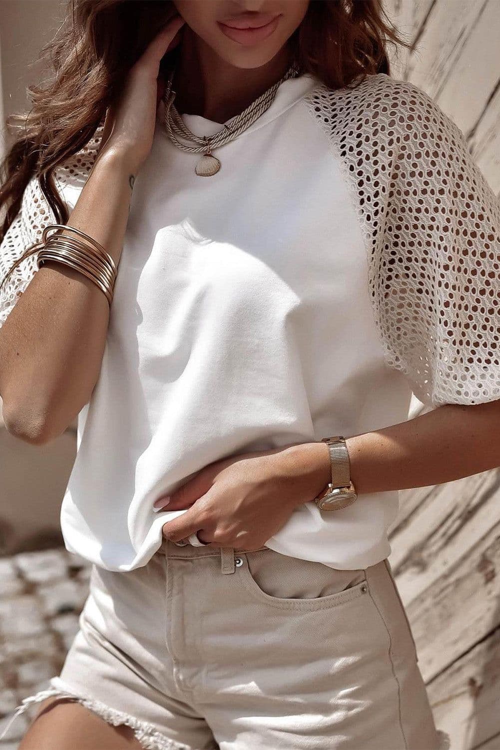 image-White Pointelle Lace Half Sleeve Crew Neck Tee