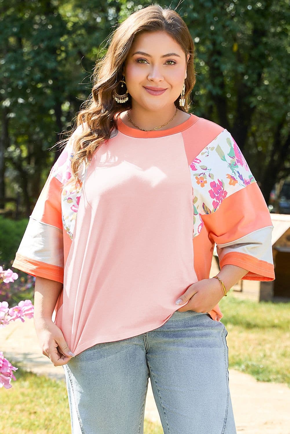 image-Plus Size Floral Print Patchwork Raglan Sleeve Top - Orange
