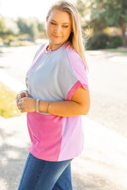 image-Rose Red Leopard Colorblock Patchwork Corded Knit Plus T-Shirt