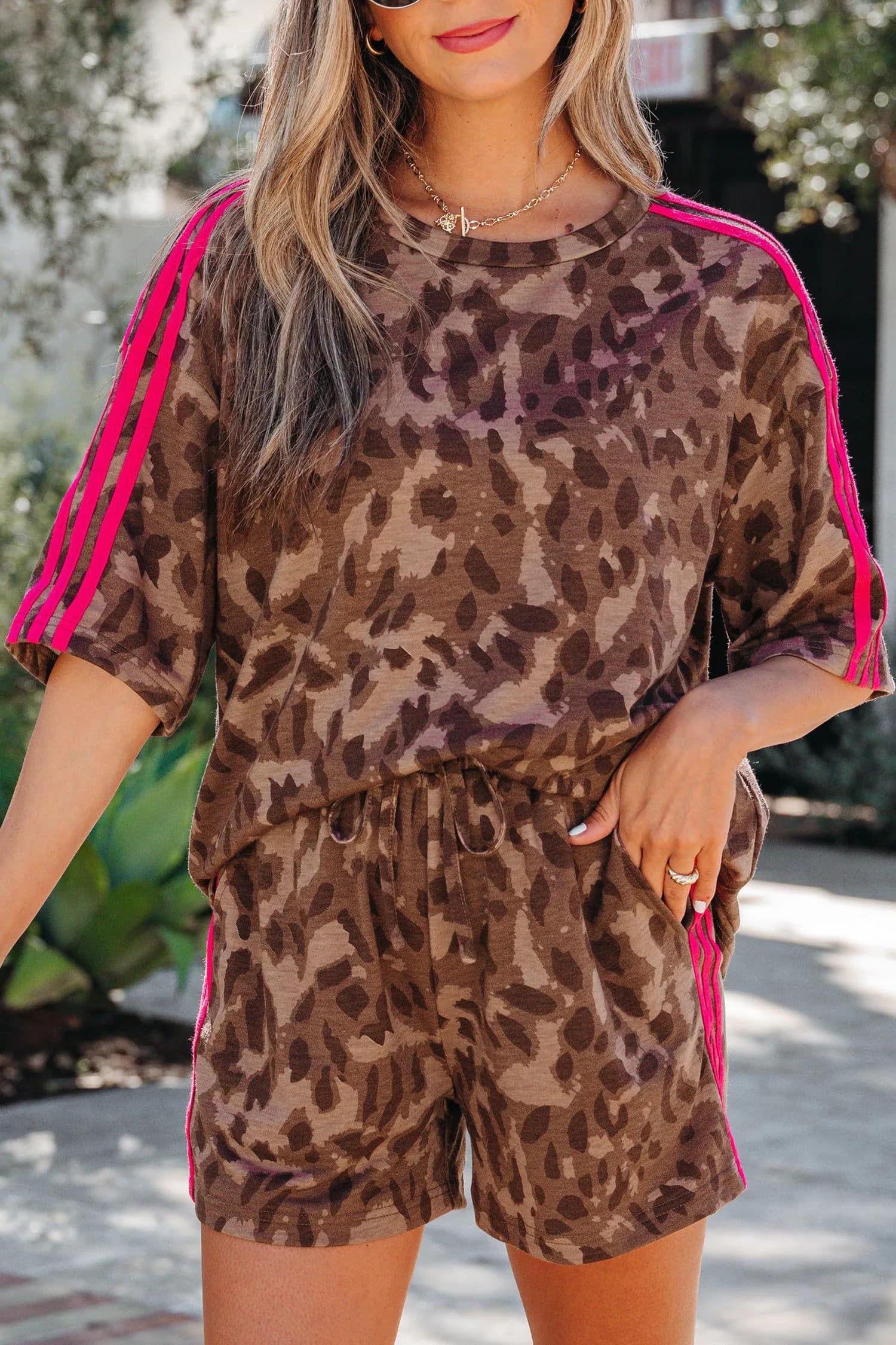 image-Brown Contrast Striped Accent Leopard Short Set