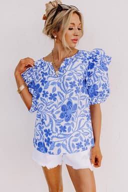 image-Dark Blue Floral Ruffled Sleeve Blouse - Chic Bubble Sleeve Design