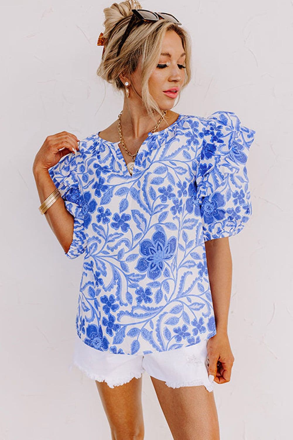 image-Dark Blue Floral Ruffled Sleeve Blouse - Chic Bubble Sleeve Design
