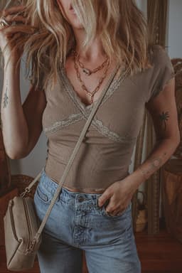 image-Slim Fit Dark Brown Criss Cross Lace V Neck T Shirt