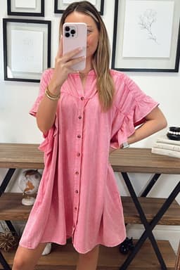 image-Pink Ruffled Short Sleeve Buttoned Denim Mini Dress
