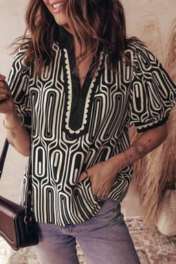 image-Black Geometric Print Contrast Scallop Color Block Patchwork Short Sleeve Blouse