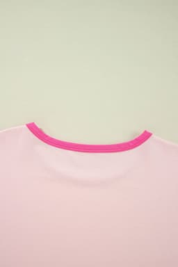 image-Pink Color Block Stitching Sleeve Round Neck Oversize Top
