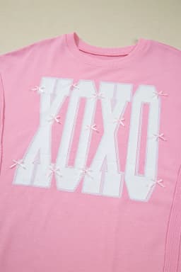image-Pink Bow Sequin XOXO Letter Graphic Exposed Seam Baggy Sweatshirt