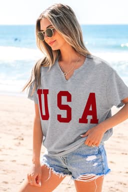 image-Light Grey USA Lettering Patch Notched Neck Loose Tee