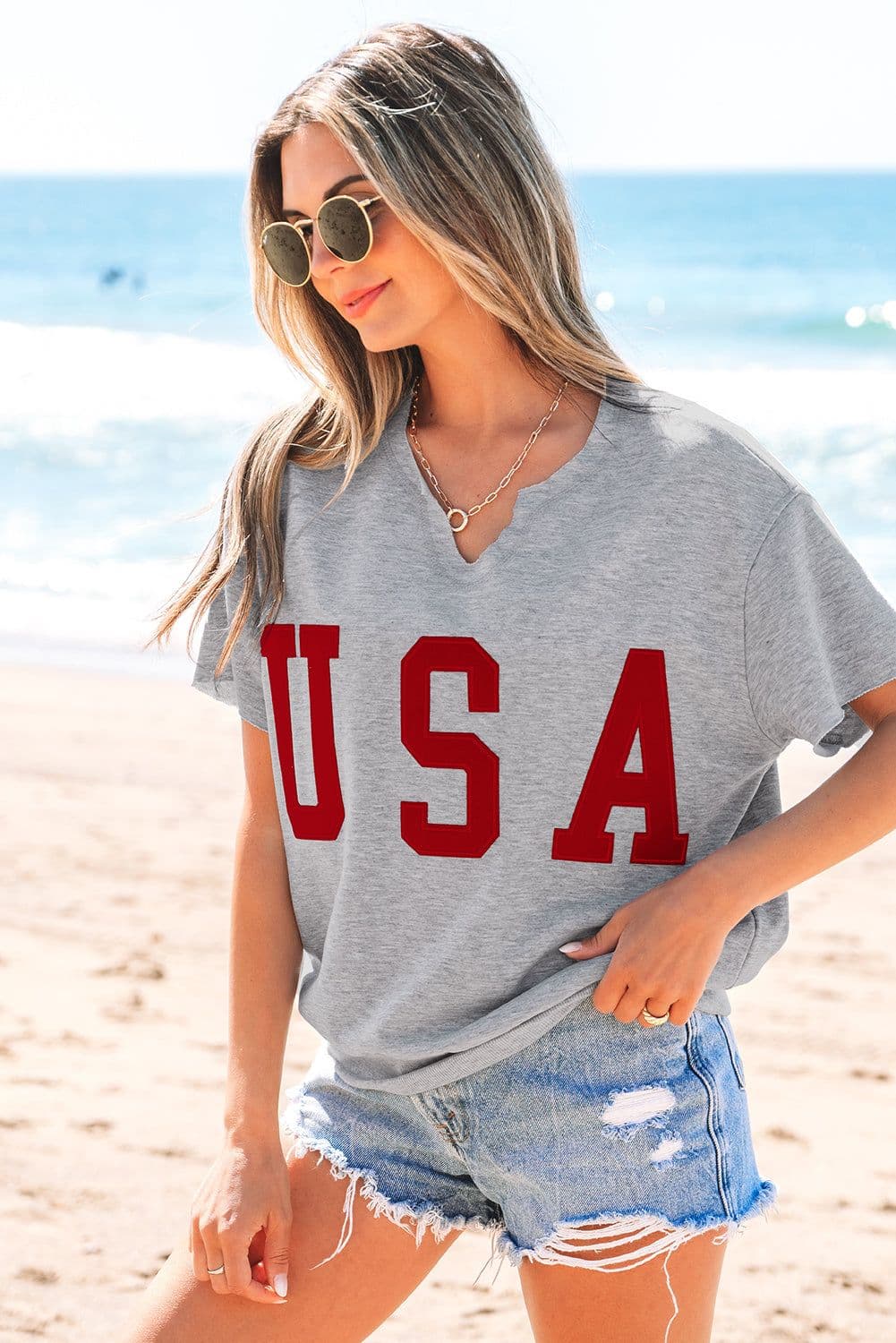 image-Light Grey USA Lettering Patch Notched Neck Loose Tee