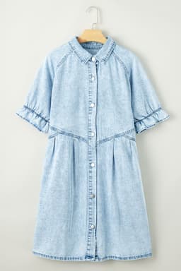 image-Beau Blue Mineral Wash Ruffled Denim Dress