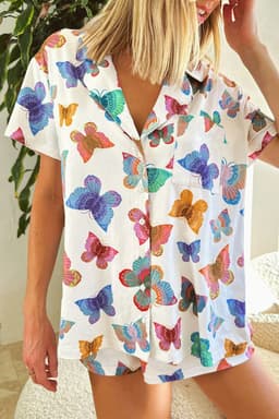 image-Multicolour Butterfly Pattern Short Sleeve Shirt Pajamas Set