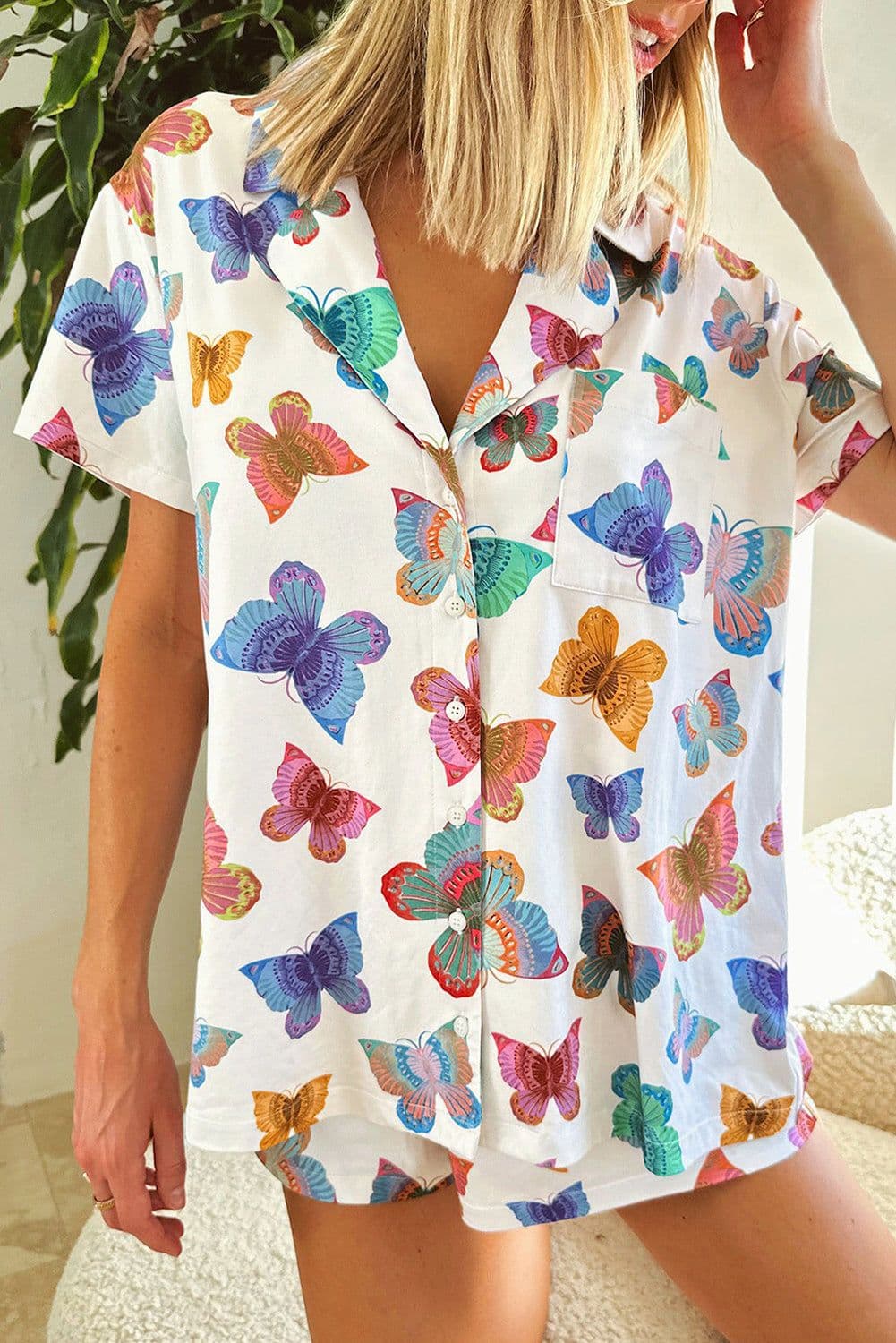 image-Multicolour Butterfly Pattern Short Sleeve Shirt Pajamas Set
