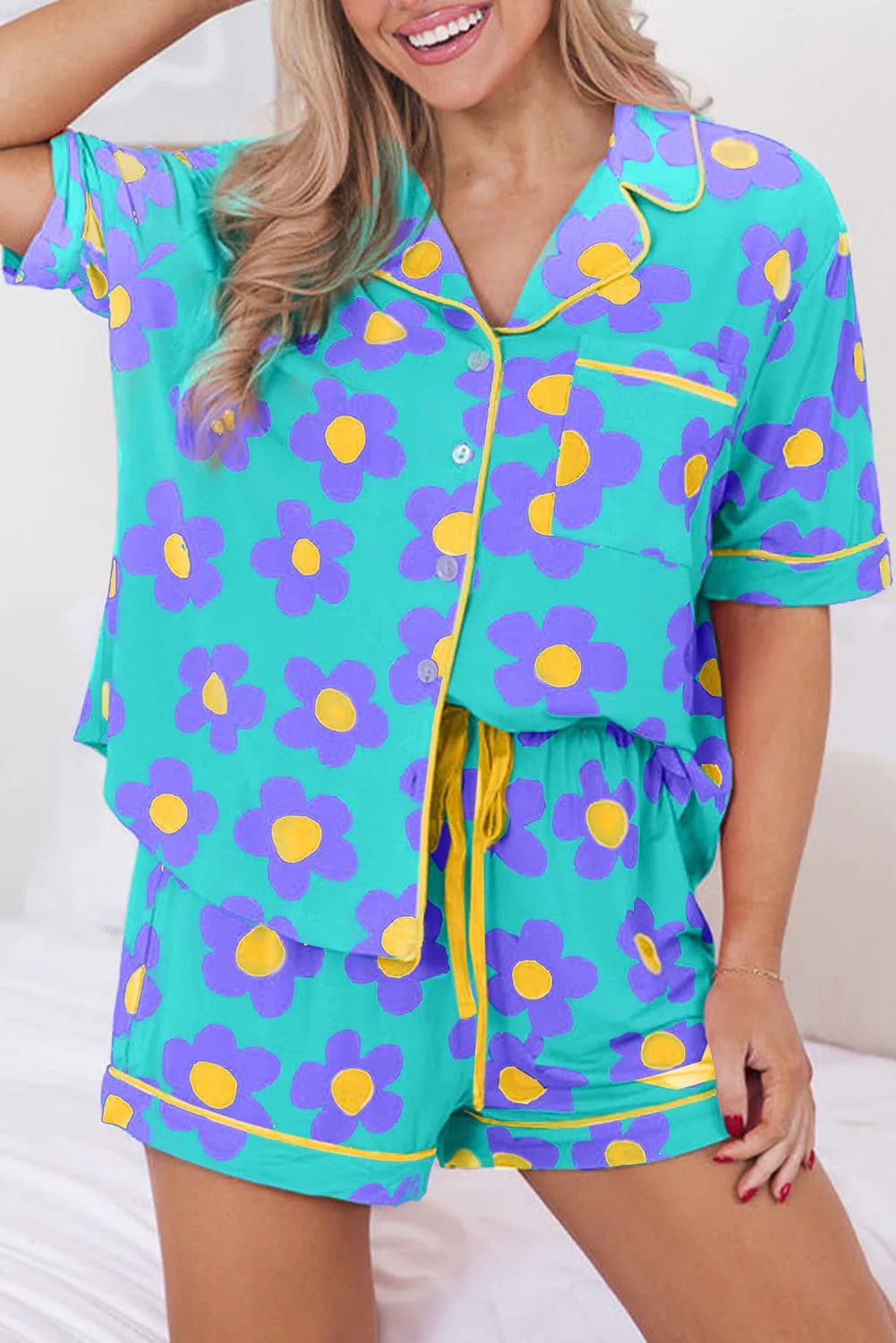 image-Green Flower Print Short Sleeve Pajamas Set
