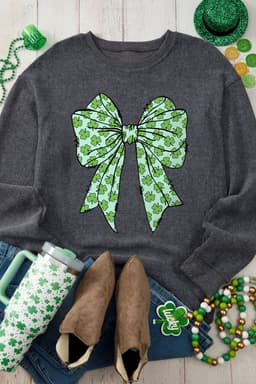 image-Gray Clover Bowknot Graphic Corded Pullover Sweatshirt