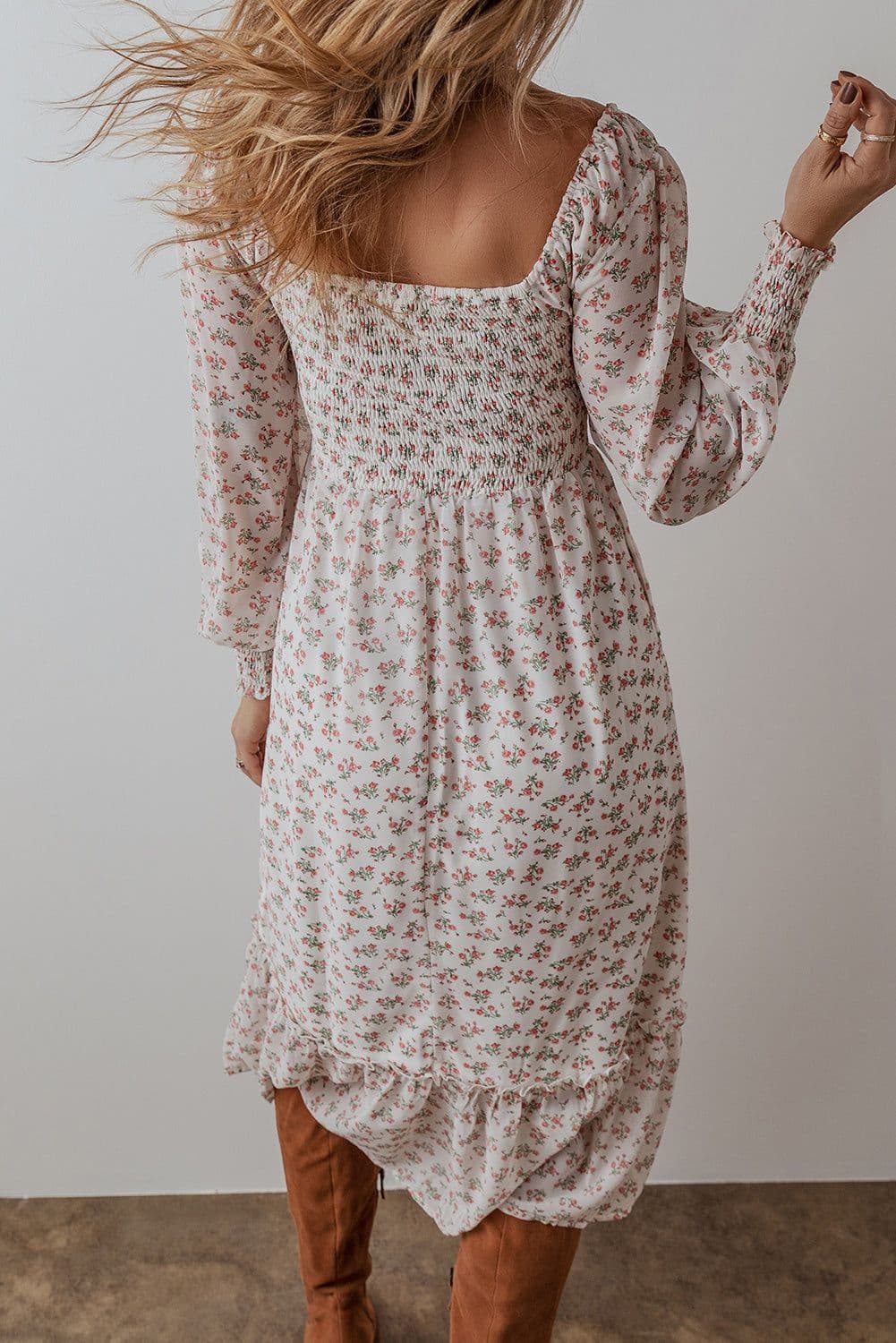 image-Floral Print Shirred Ruffled Hem Midi Dress - White