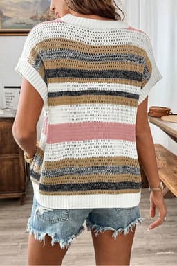image-Striped Color Block Eyelet Knit Short Sleeve Tee - Pink