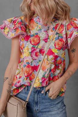 image-Floral Short Sleeve Ruffled Lace Trim Blouse (58 characters)