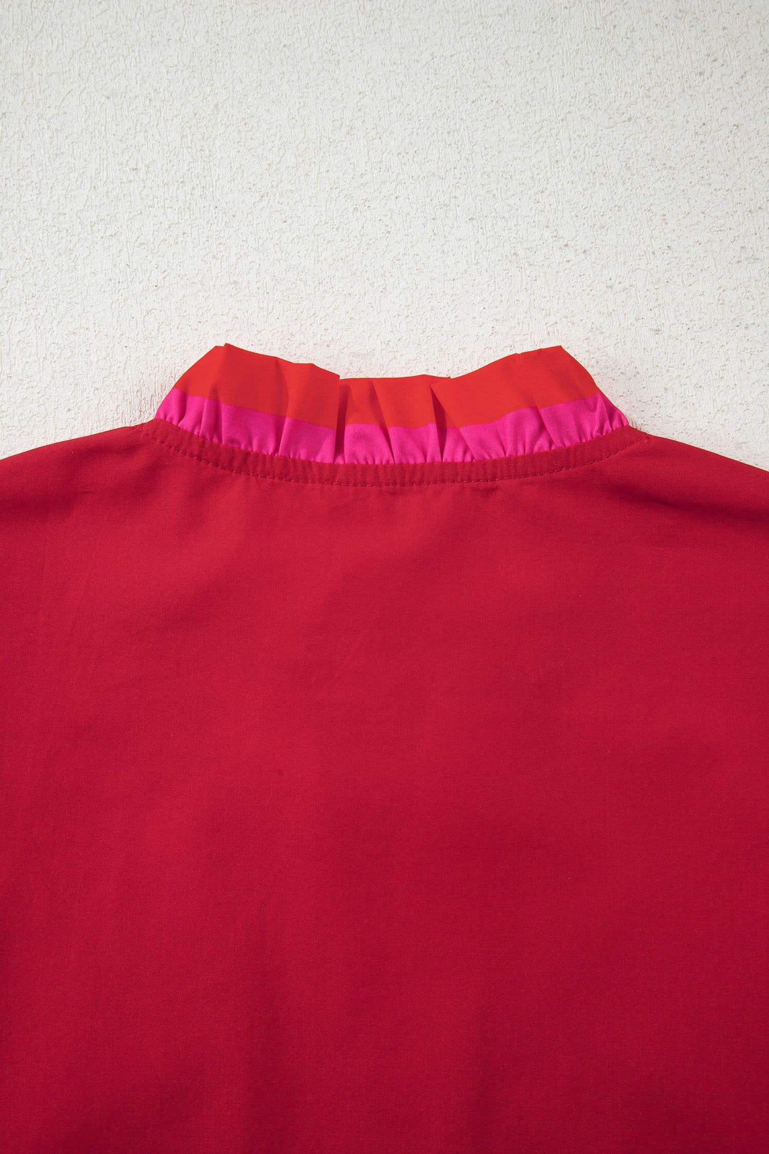 image-Fiery Red Striped Frilled Collar Ruffled Short Sleeve Blouse