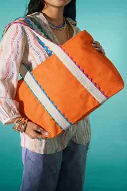 image-White Canvas Tote Bag - Colorful Ricrac Detail