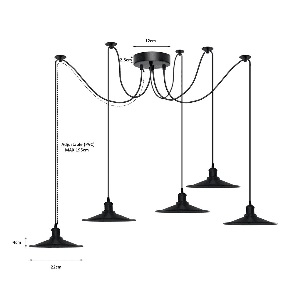 image-Black Vintage 5 Head Cone shaped shade Ceiling Pendant Light Fitting with Adjustable Cord Hanging Light Fixture