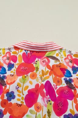image-Rose Striped Trim Collared V Neck Short Sleeve Floral Print Blouse