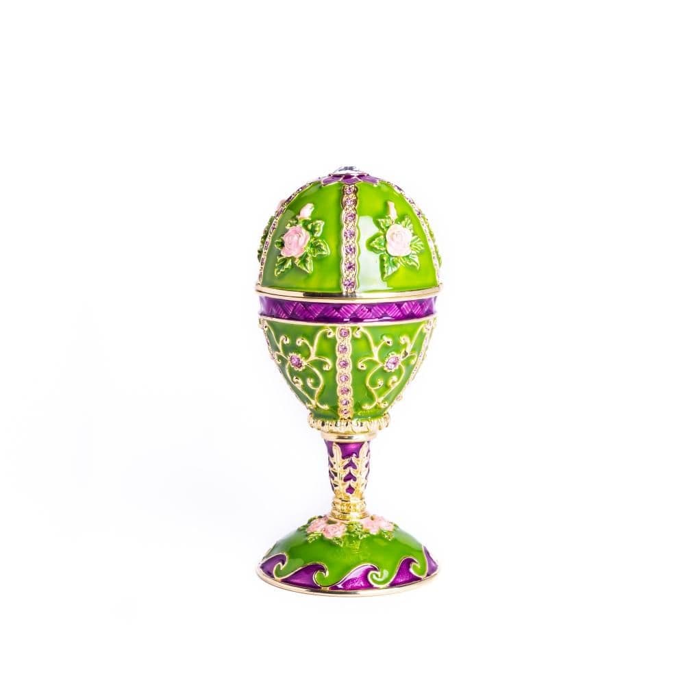image-Green Faberge Egg Music Playing Decorated with Flowers