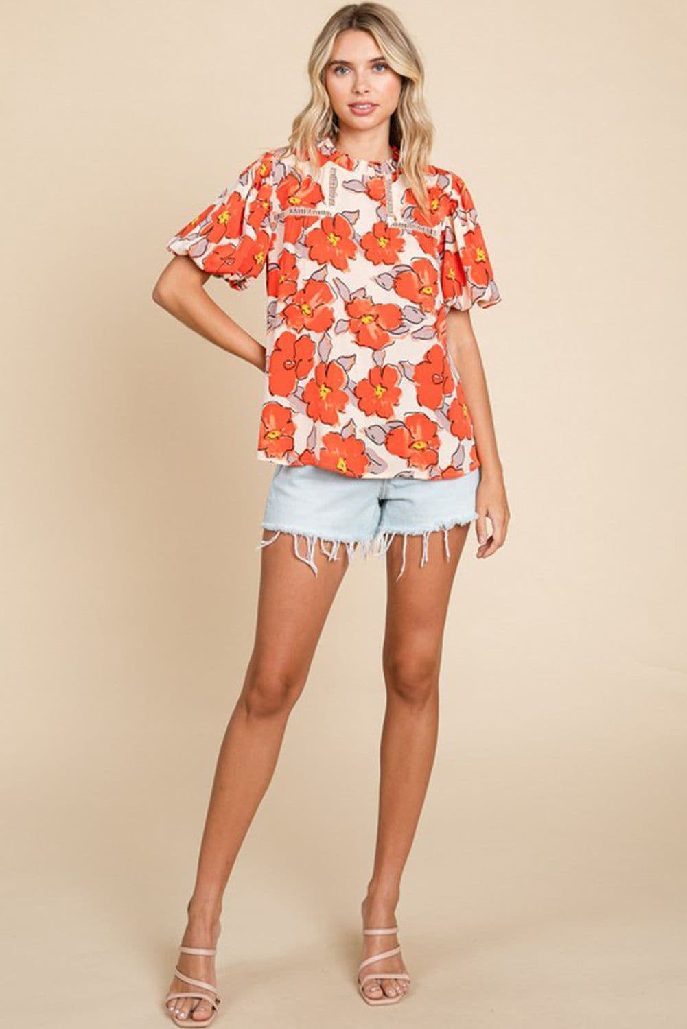 image-Orange Floral Bubble Sleeve Frill Neck Loose Blouse