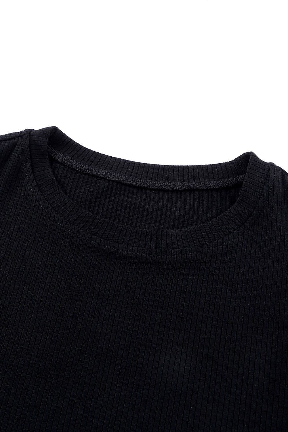 image-Dotty Mesh Ruffle Sleeve Ribbed Knit Top - Black