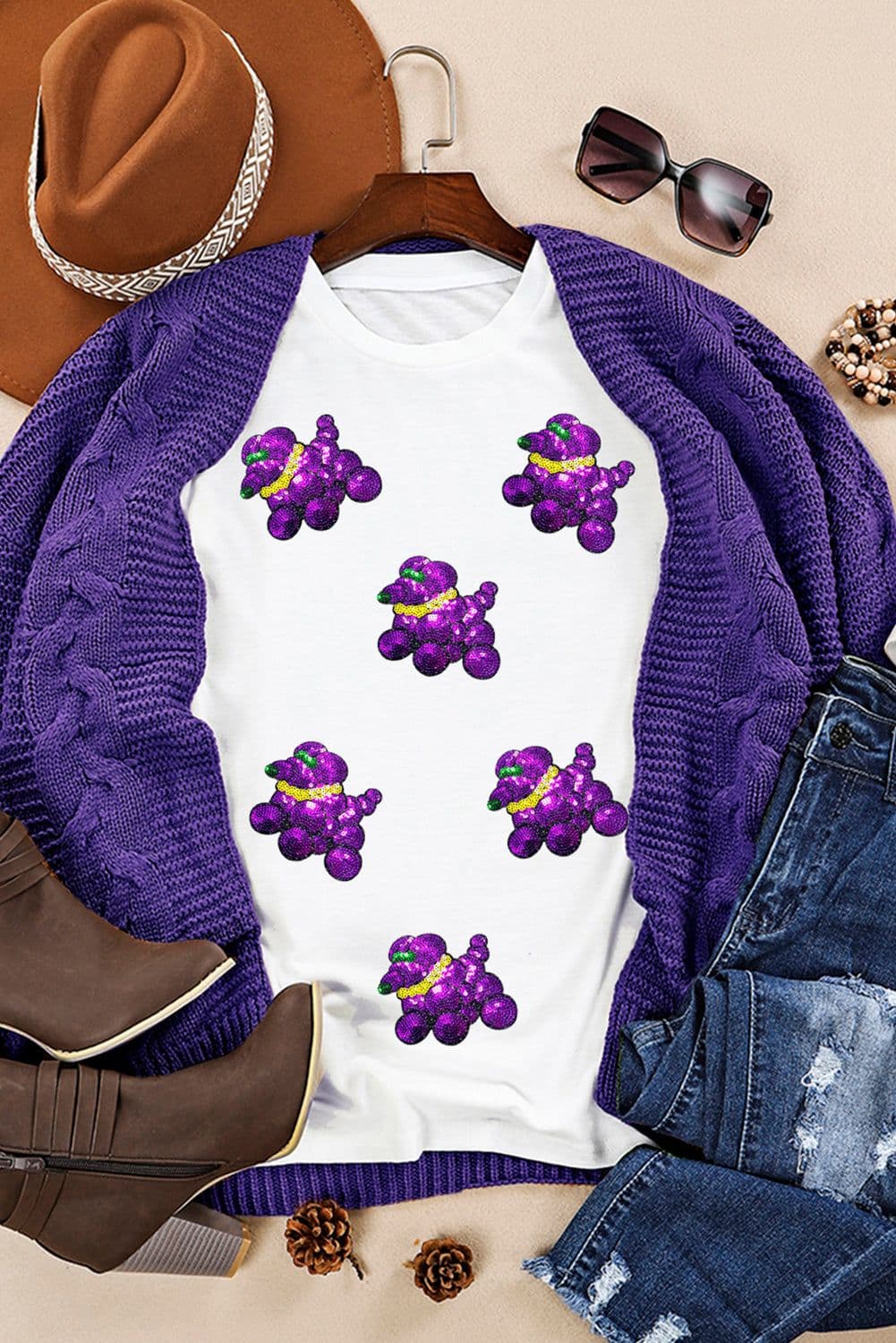 image-White Sequin Balloon Puppy Graphic Mardi Gras Tee