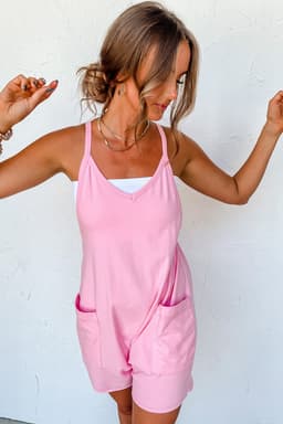 image-Pink Sleeveless V Neck Jersey Romper with Pockets