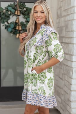 image-Green Floral Print Contrast Patchwork Ruffle Detail Mini Dress