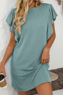 image-Canton Ruffle Sleeve Shift Dress - Elegant Crew Neck Design, Corded Style