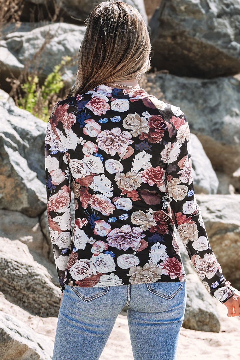 image-Pink Mesh Floral Print Mock Neck Long Sleeve Top