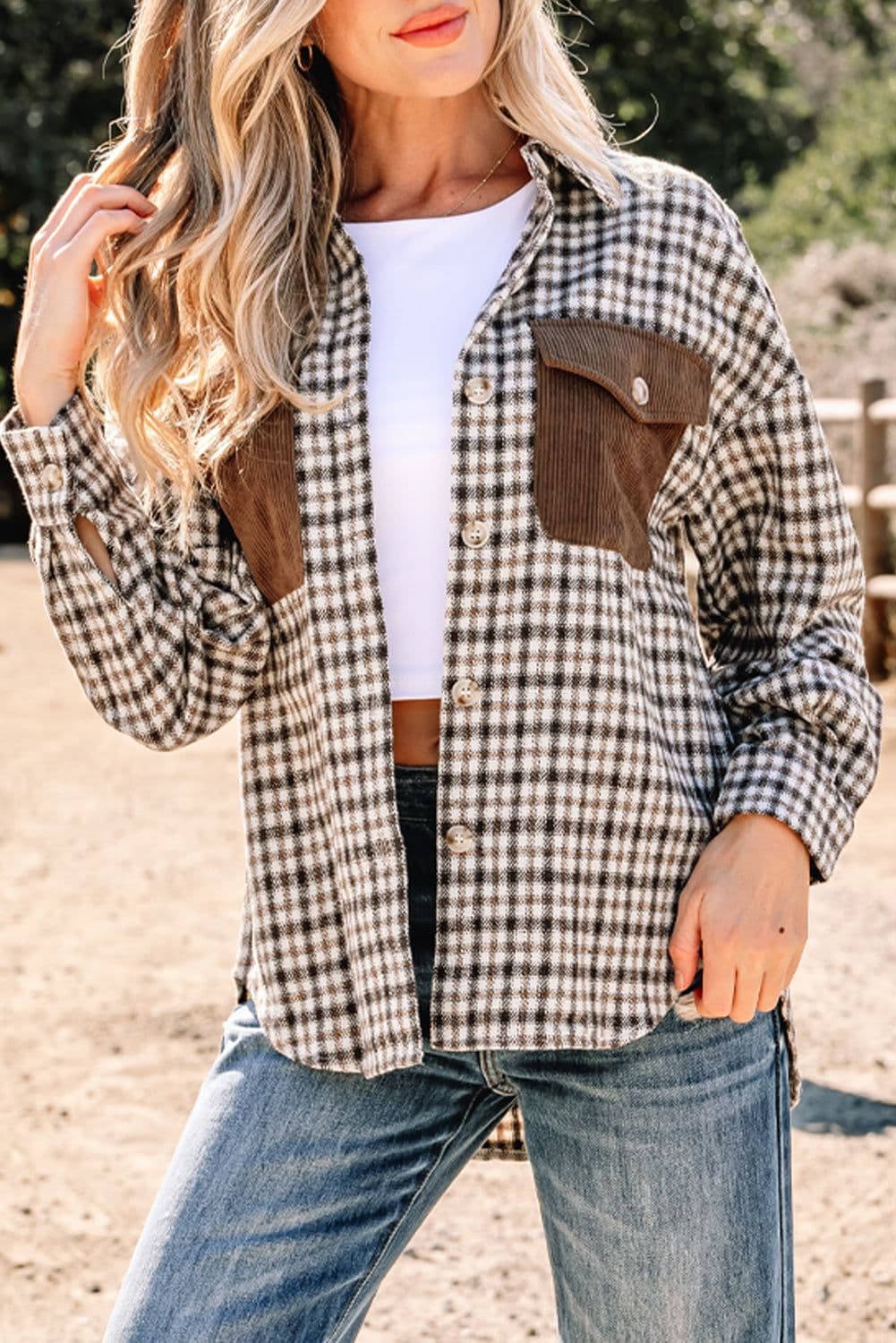 image-Corduroy Plaid Patchwork Shacket with Flap Pockets