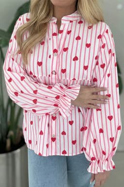image-Pink Stripe Textured Heart Print Long Flounce Sleeve Shirt