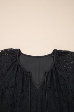 image-Black Floral Lace Overlay Tassel Tie Short Sleeve Beach Vacation Loose Maxi Dress